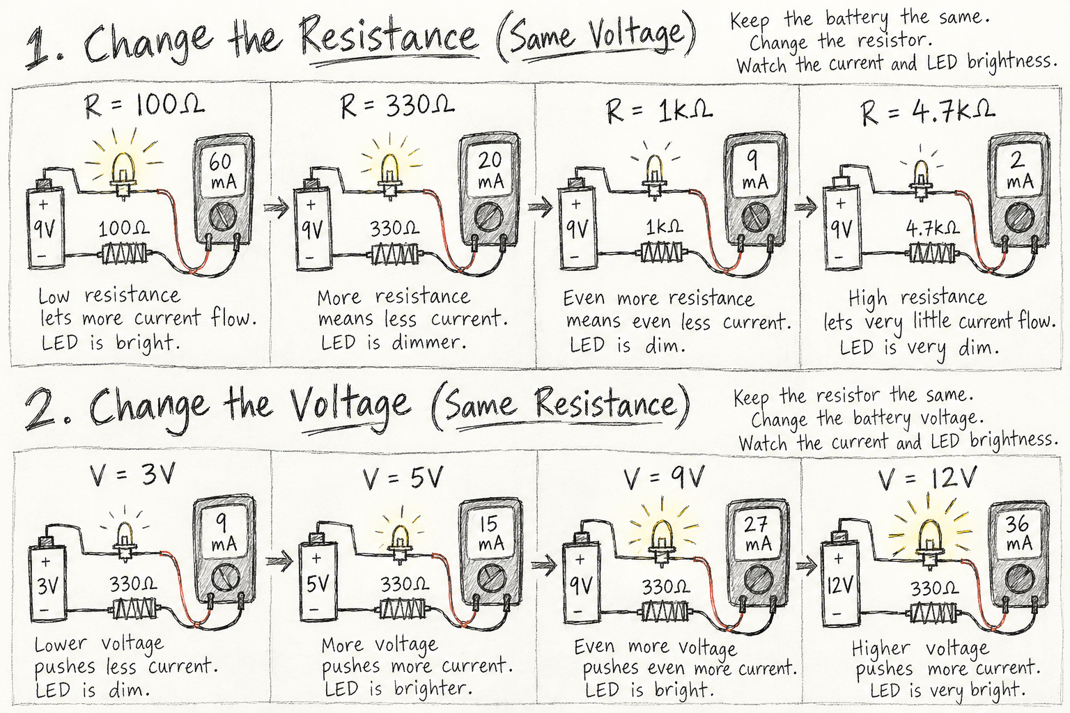 Hand-drawn electronics experiments showing how changing resistance or voltage affects current and LED brightness. Conceptual illustration; displayed current readings are illustrative.