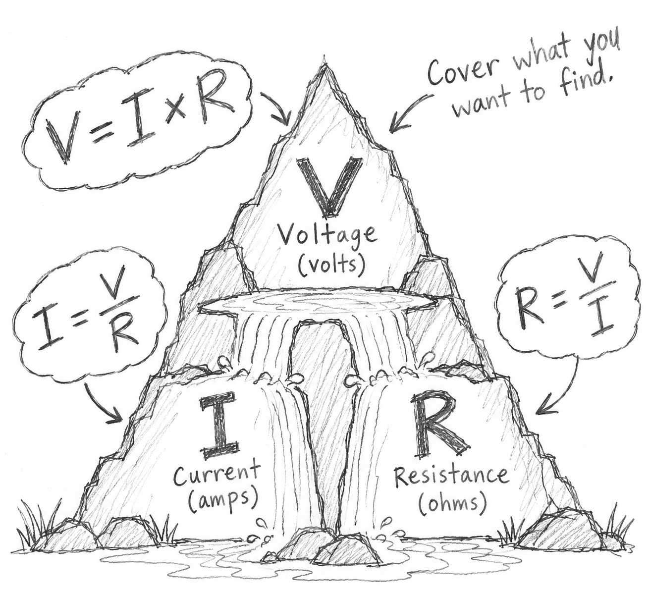 Ohm's law triangle showing voltage, current, and resistance with a simple formula memory trick.